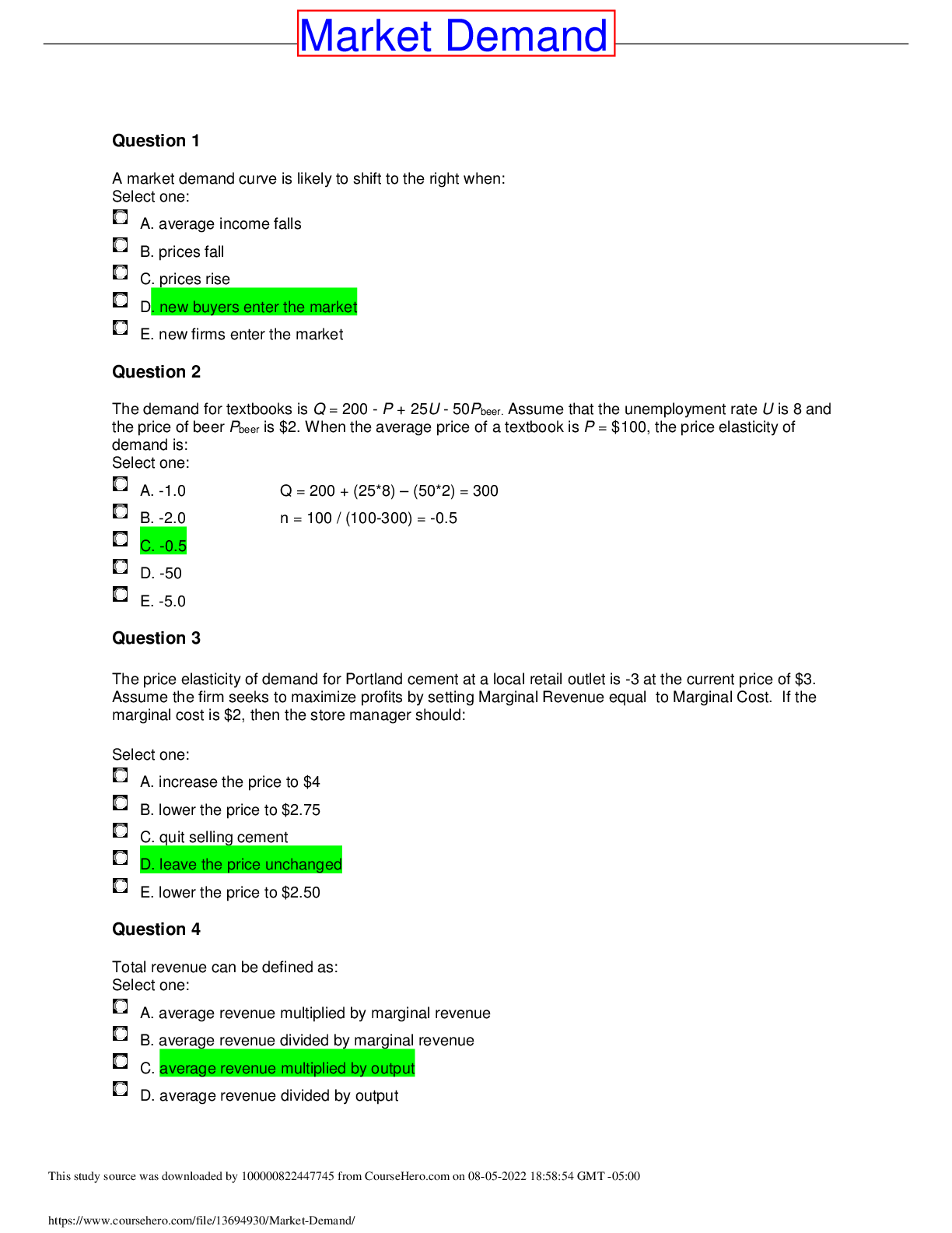 Preview image for   University of California, Los Angeles ECON 103 Market Demand Exam